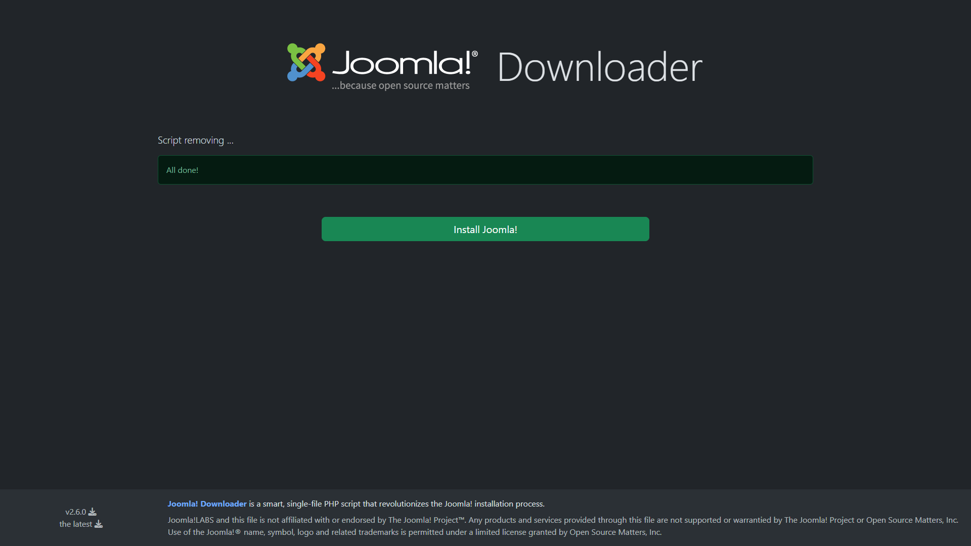Processo di Joomla Downloader completato