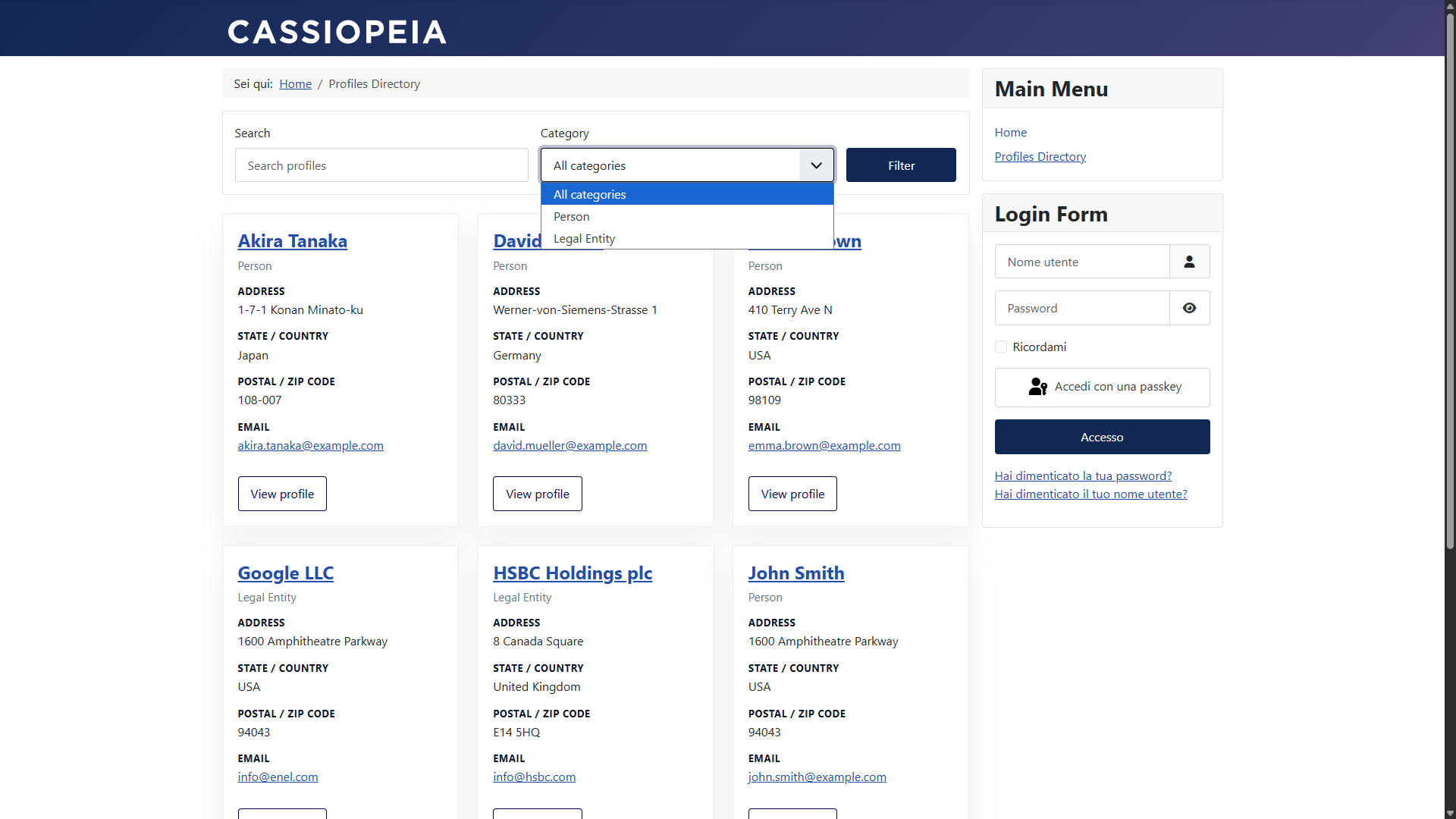 Vista directory di Profiles in Joomla