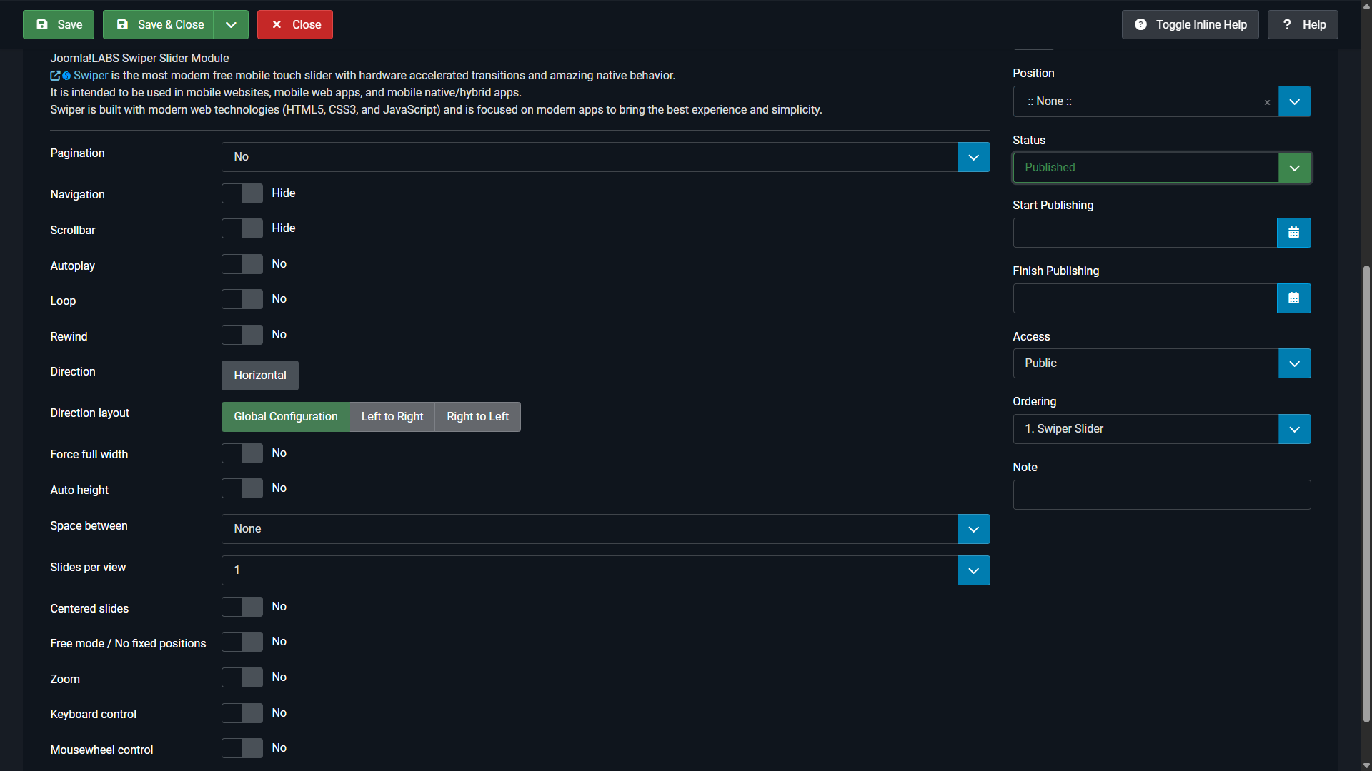 Opzioni del modulo Swiper Slider