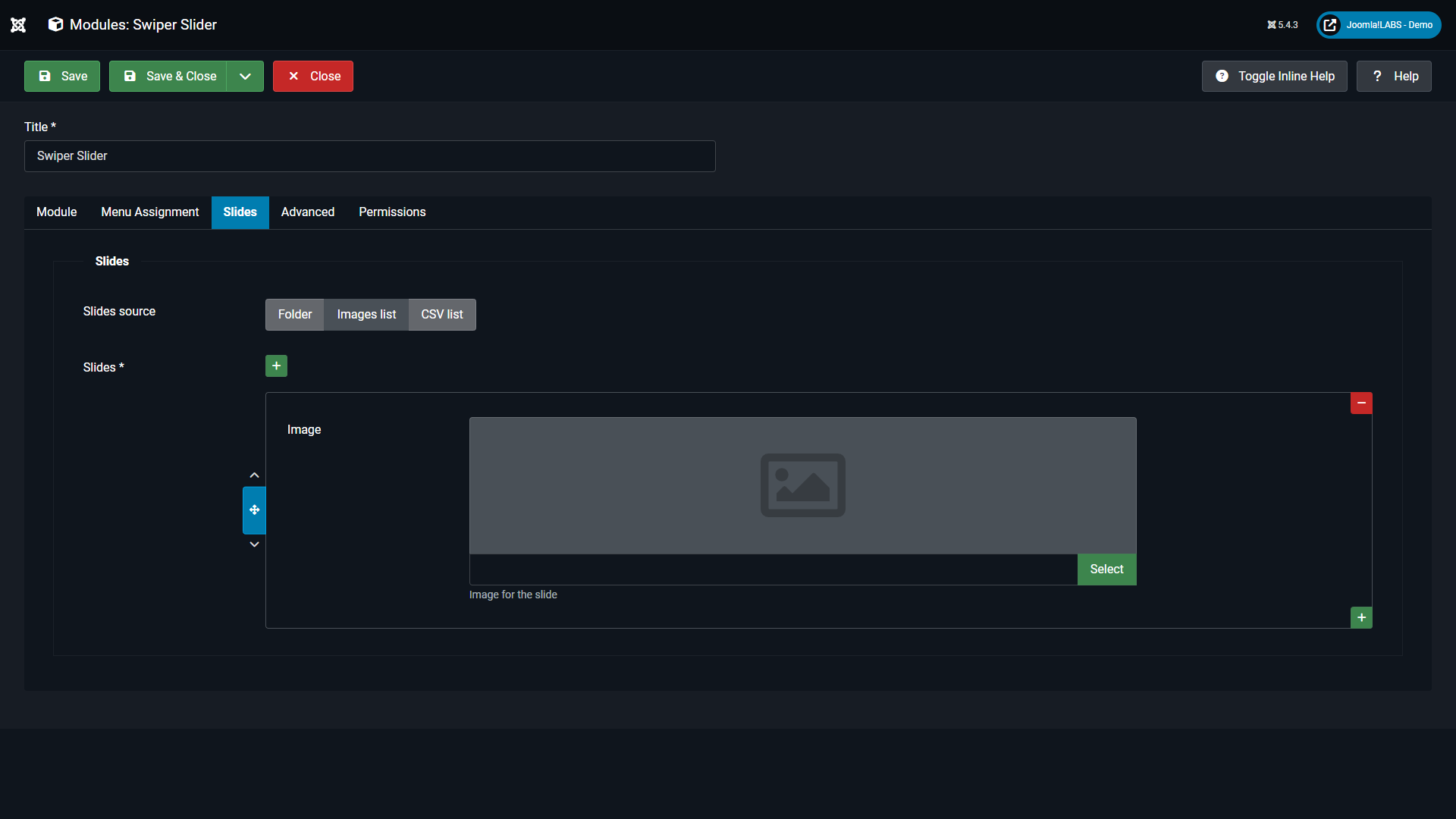 Configurazione delle slide del modulo Swiper Slider
