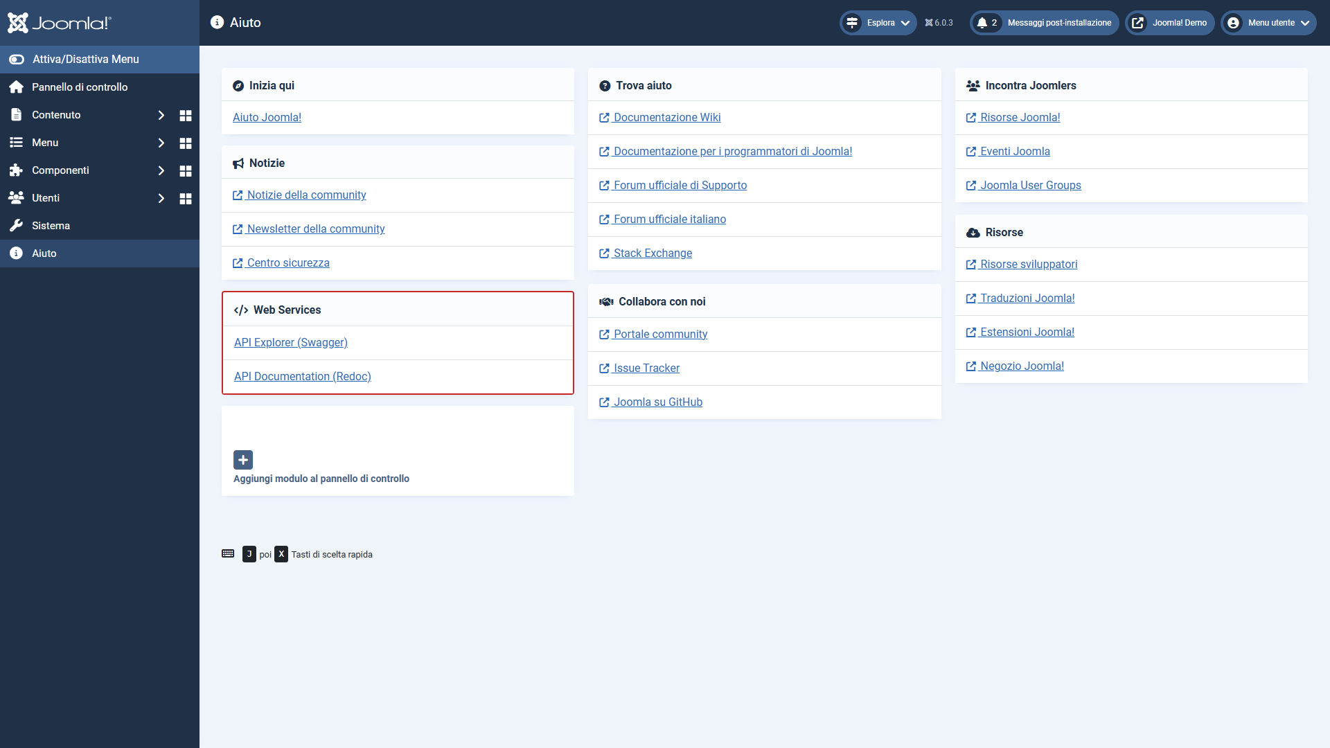 Card nel menu Help del backend Joomla con i link di Web Services Documentation